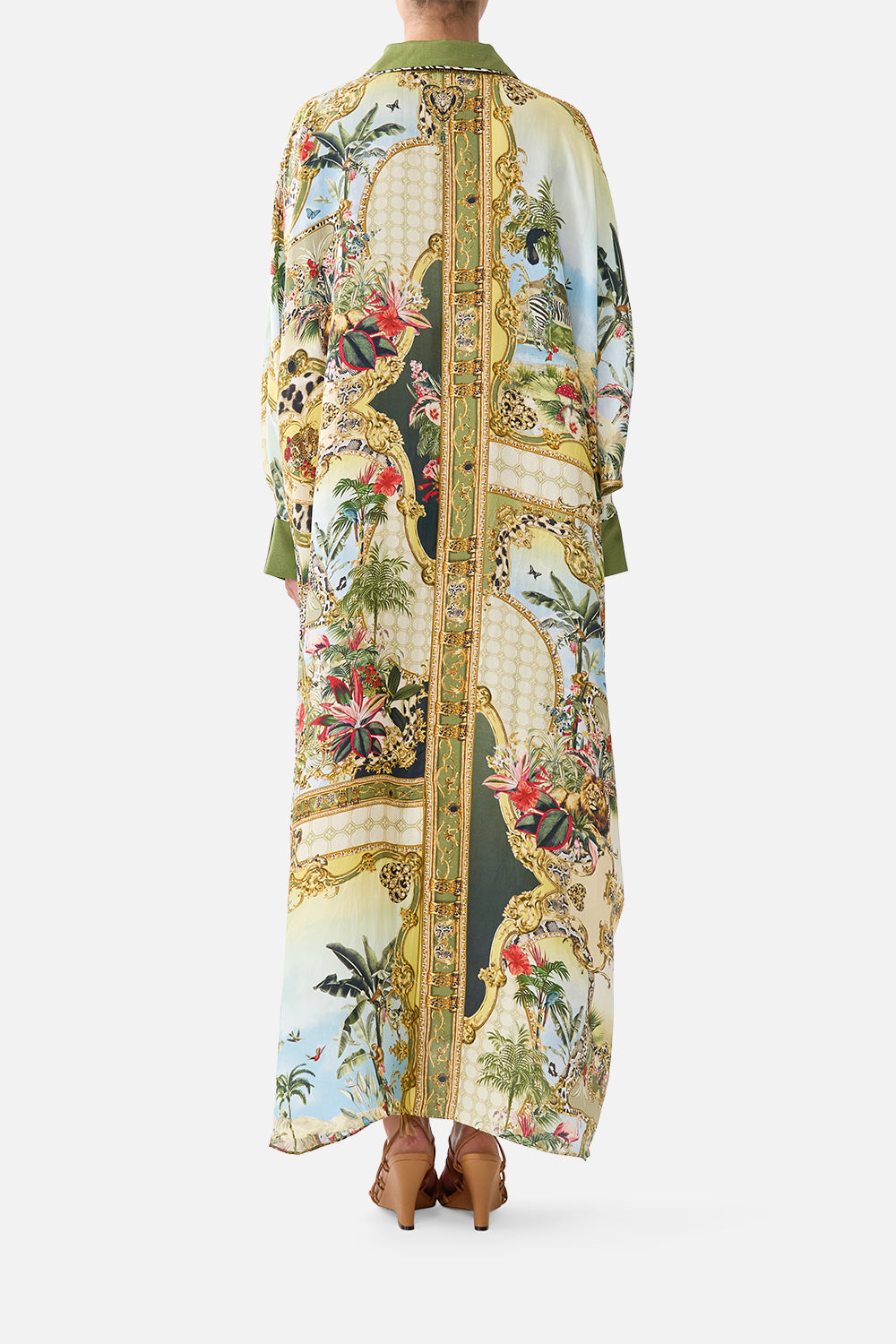 The CAMILLA Wing Collar Kaftan in our Wanderlust Empire print, back view on model.