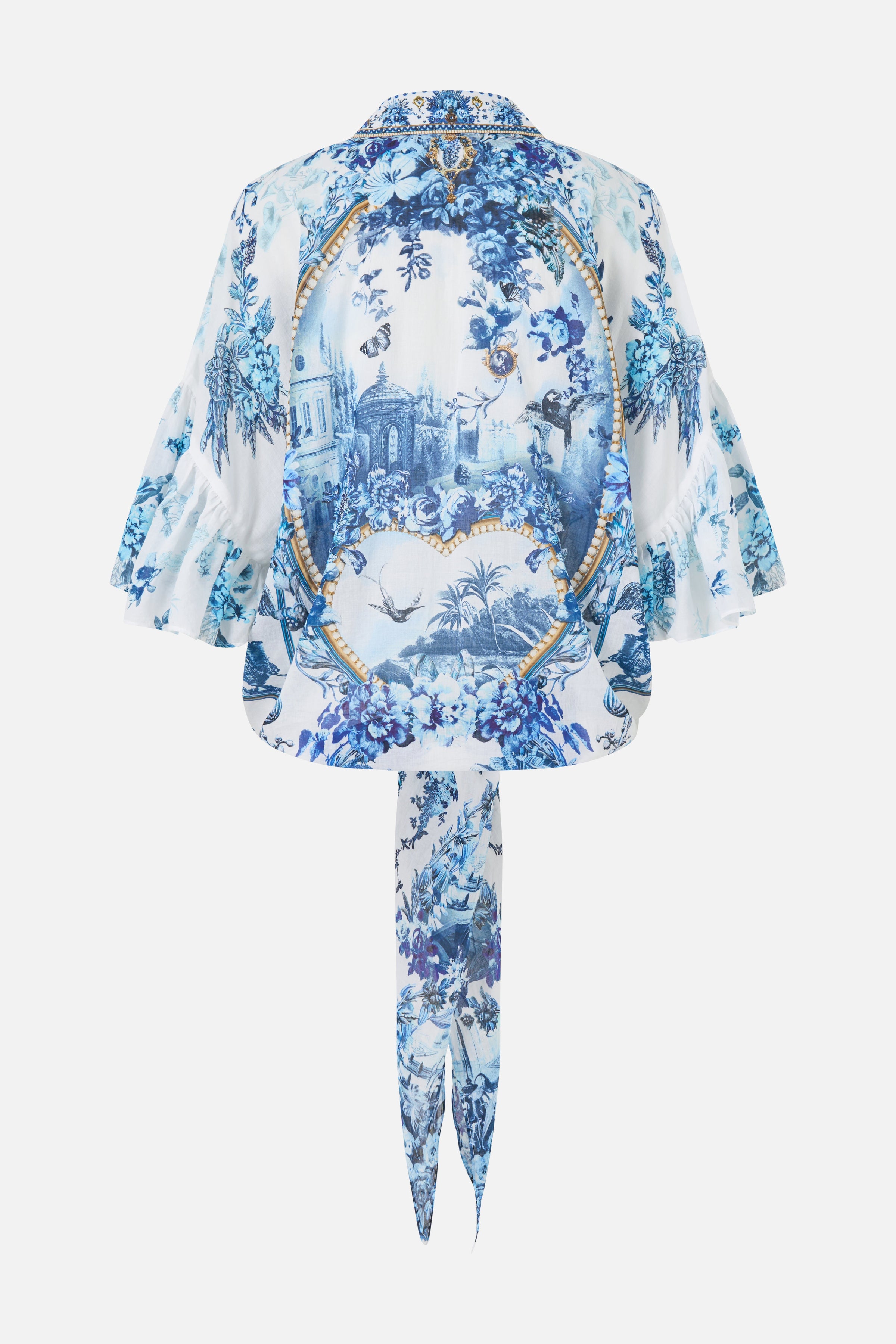 The CAMILLA Tie Front Shirt With Sleeve Frill The Porcelain Parlour in our The Porcelain Parlour print.