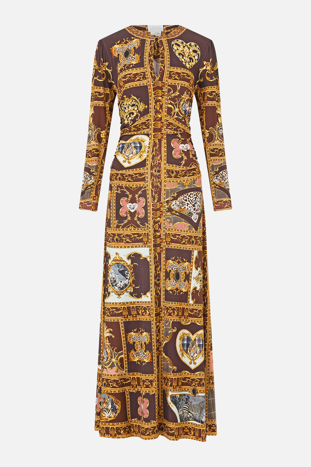 The CAMILLA Gathered Jersey Long Dress Animals in the Palace in our Animals in the Palace print.