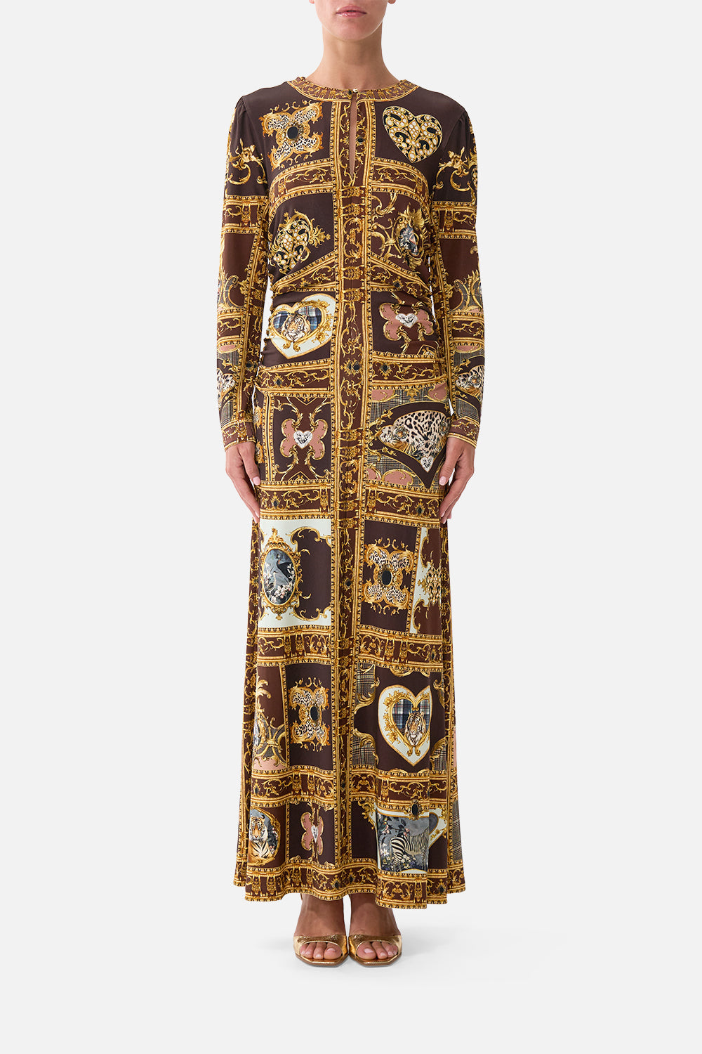 The CAMILLA Gathered Jersey Long Dress Animals in the Palace in our Animals in the Palace print.