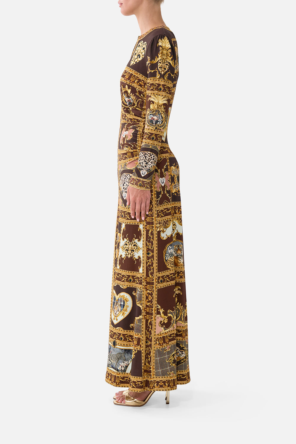 The CAMILLA Gathered Jersey Long Dress Animals in the Palace in our Animals in the Palace print.