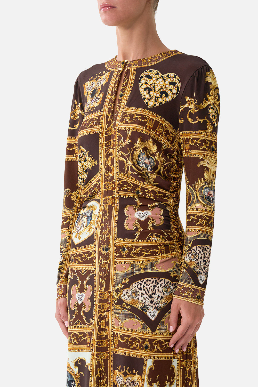 The CAMILLA Gathered Jersey Long Dress Animals in the Palace in our Animals in the Palace print.