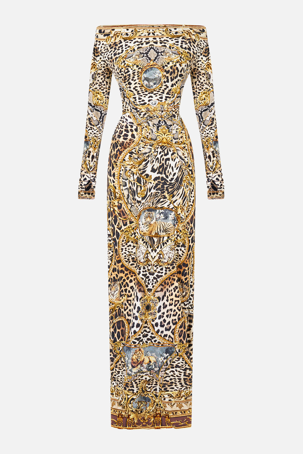 The CAMILLA Off Shoulder Gathered Jersey Dress Leopard Libertine in our Leopard Libertine print.