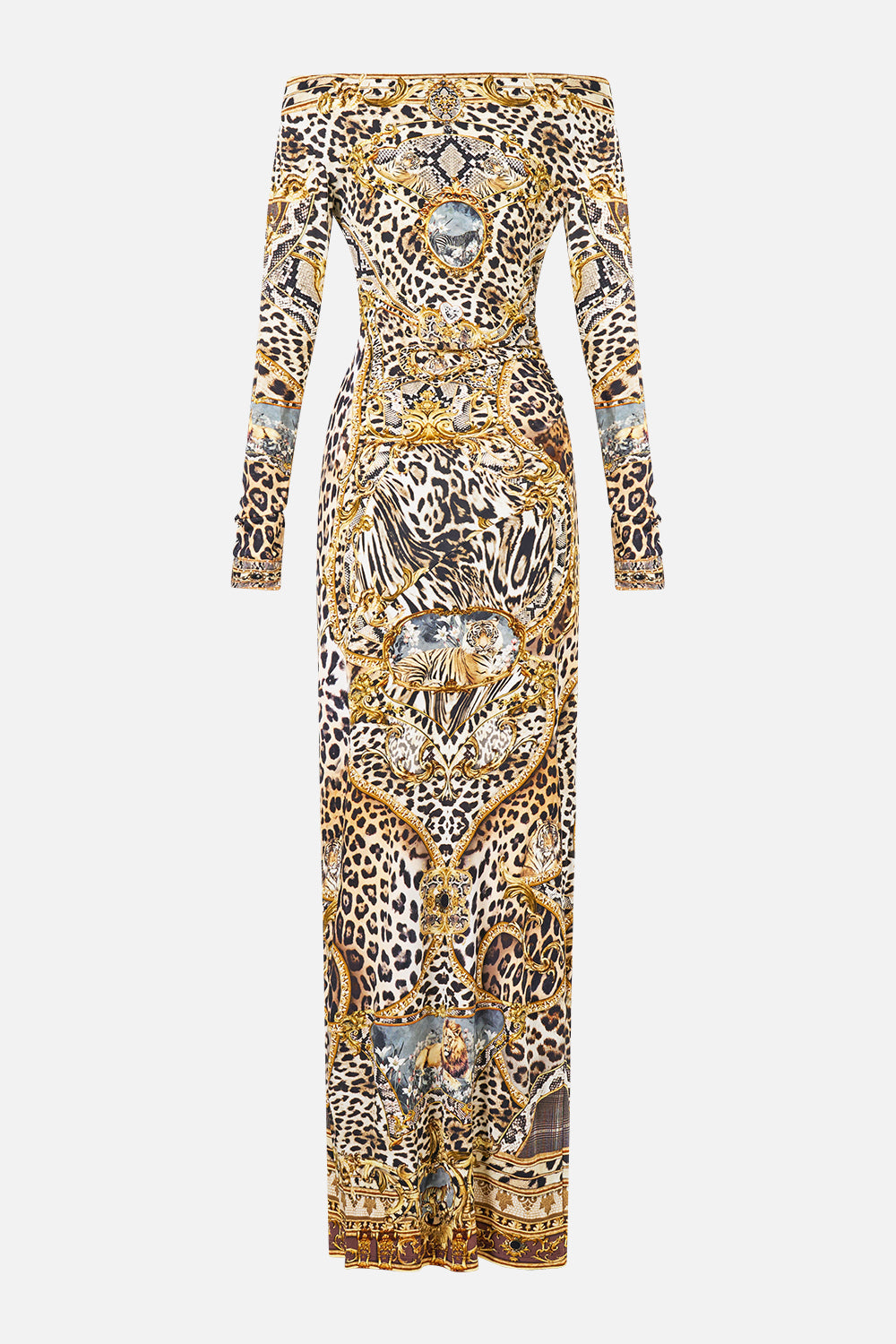 The CAMILLA OFF SHOULDER GATHERED JERSEY DRESS LEOPARD LIBERTINE