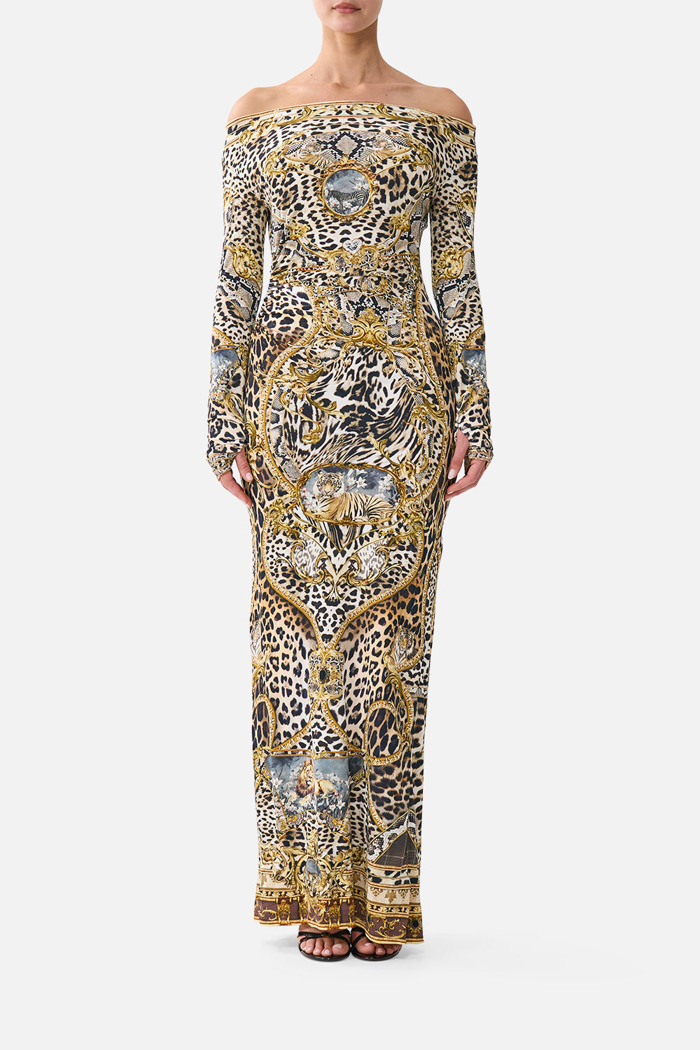 The CAMILLA OFF SHOULDER GATHERED JERSEY DRESS LEOPARD LIBERTINELEOPARD LIBERTINE