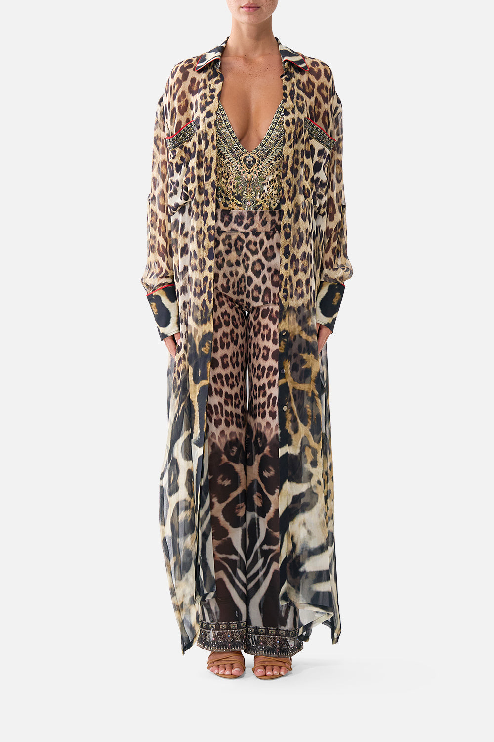 The CAMILLA Button Front Long Dress in our Leotigra Land print, front view on model.