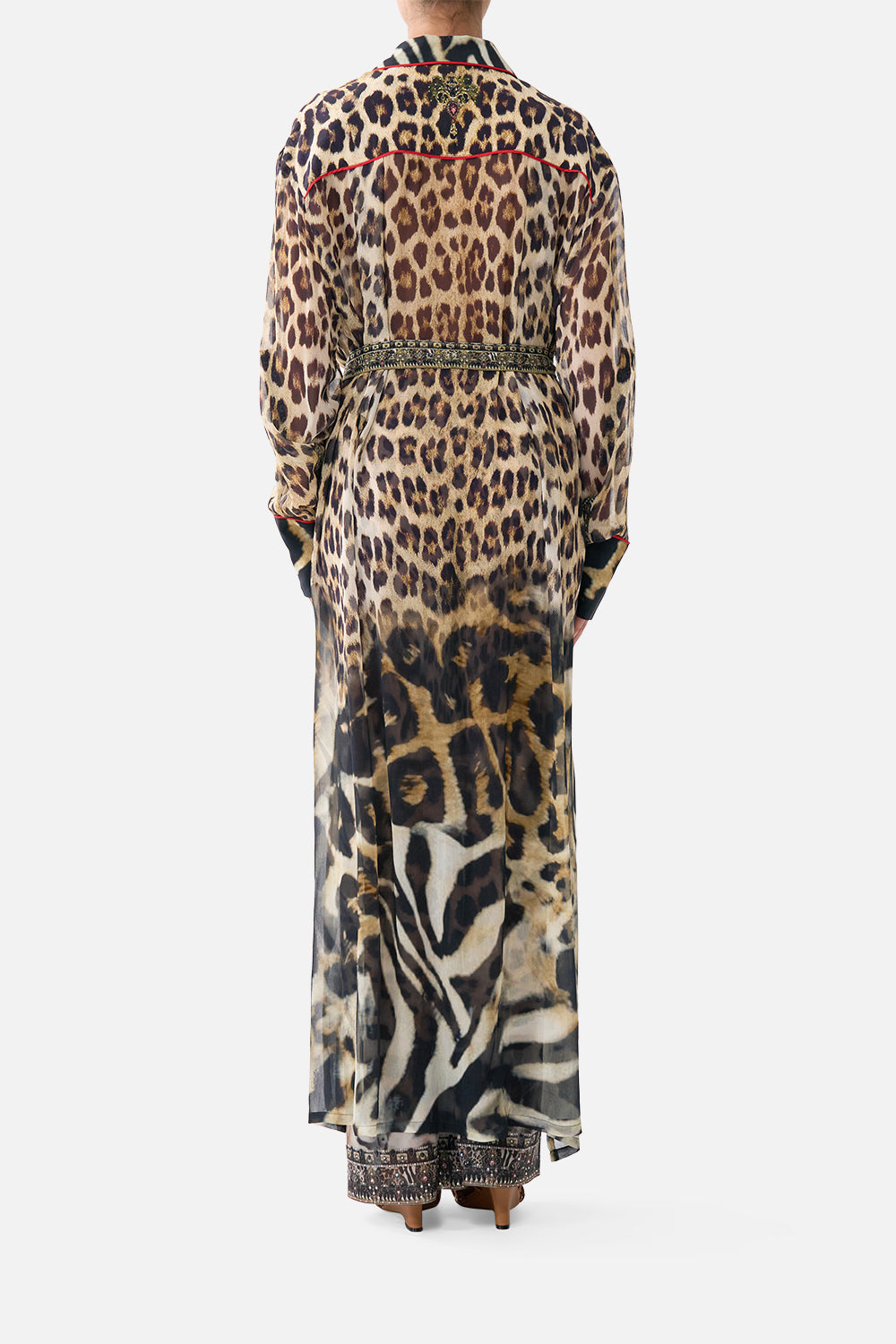 The CAMILLA Button Front Long Dress in our Leotigra Land print, back view on model.