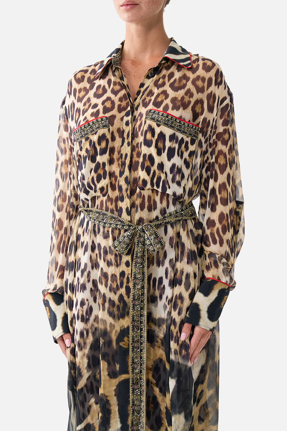 The CAMILLA Button Front Long Dress in our Leotigra Land print, detail view on model.