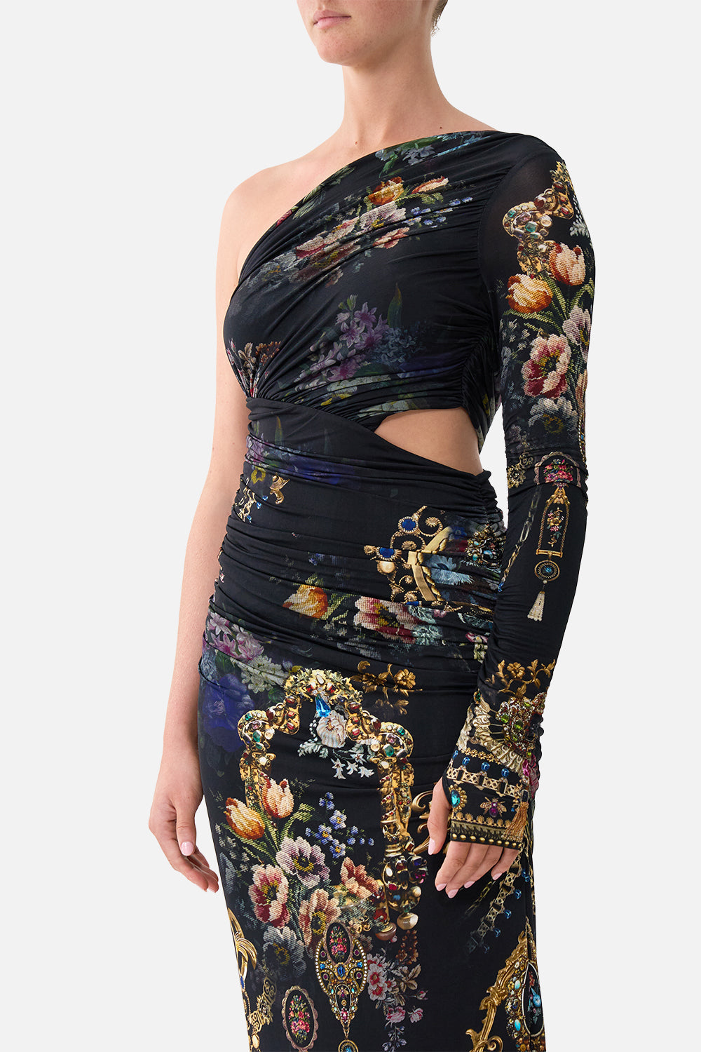 The CAMILLA ONE SHOULDER JERSEY CUT OUT DRESS NIGHT GARDEN