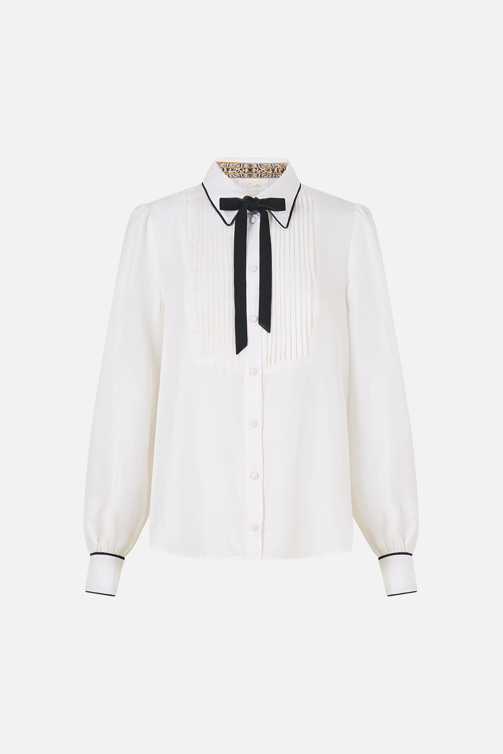 The CAMILLA Collared Shirt with Pintucks Leopard Libertine in our Leopard Libertine print.