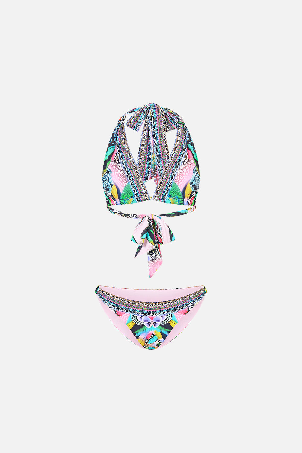 The CAMILLA FABRIC TAB HALTER NECK TIE BIKINI SET MILLAMORPHOSIS