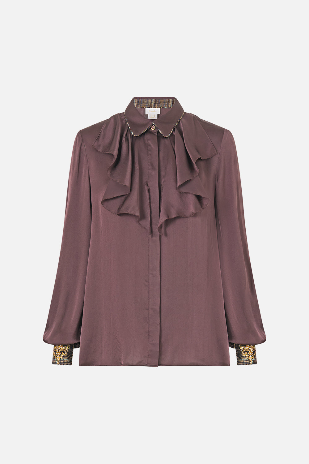 The CAMILLA Collared Shirt with Frill Neck Detail Animals in the Palace in our Animals in the Palace print.