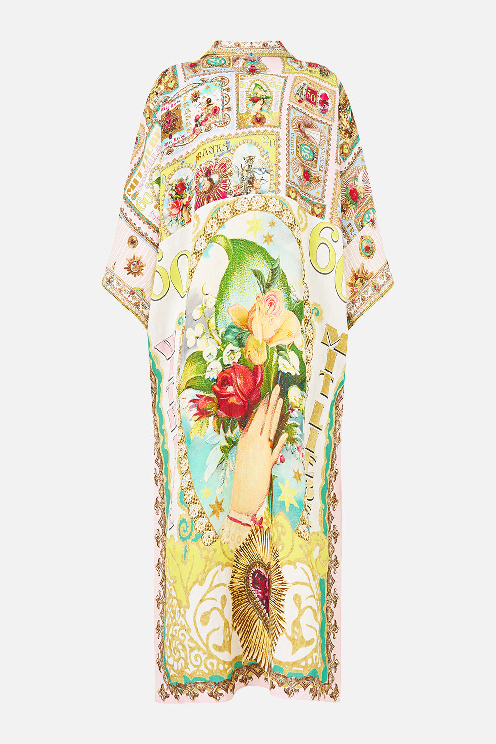 The CAMILLA DEEP V NECK KAFTAN WITH CURVED SEAM PAINTED PRAYERS