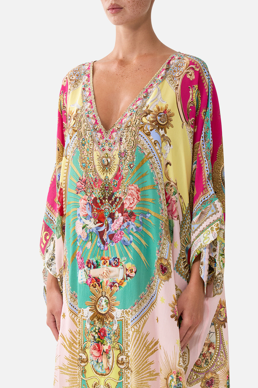 TIE SLEEVE SHORT V NECK KAFTAN PAINTED PRAYERS