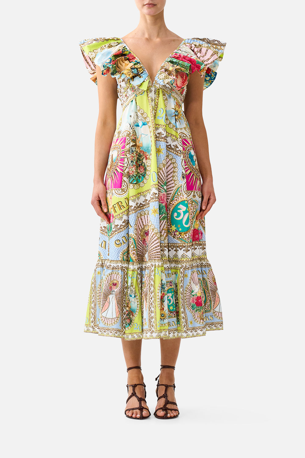 FRILL NECK MIDI DRESS PAINTED PRAYERS