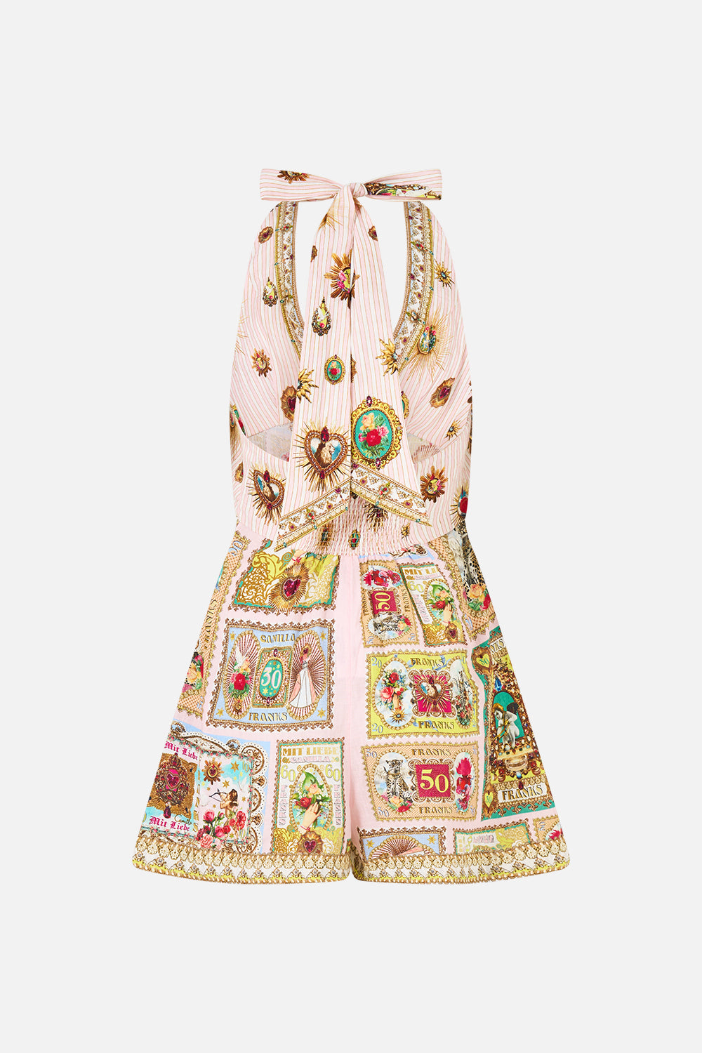 The CAMILLA BUTTON FRONT HALTER PLAYSUIT PAINTED PRAYERS