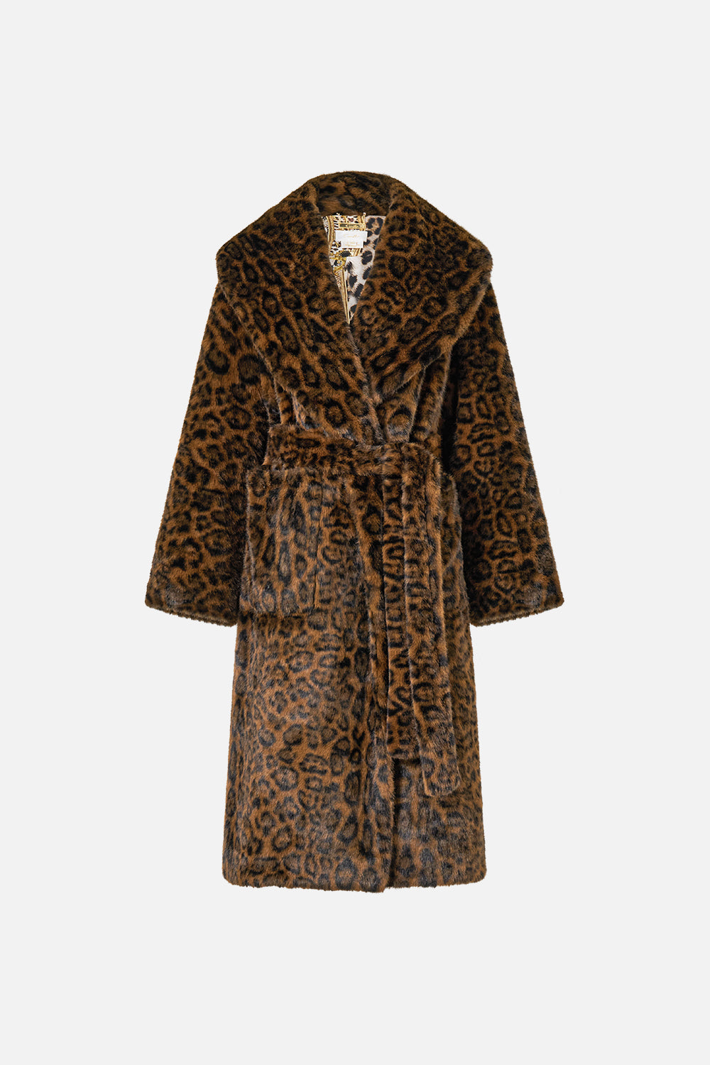 The CAMILLA Faux Fur Long Wrap Coat Leopard Libertine in our Leopard Libertine print.