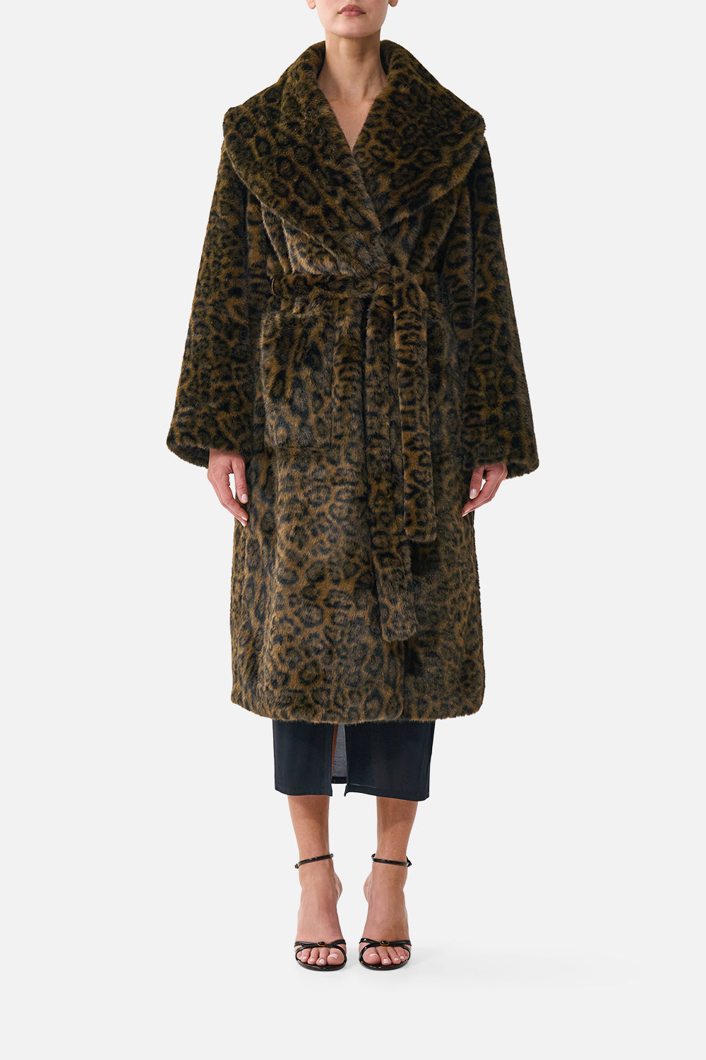 The CAMILLA Faux Fur Long Wrap Coat Leopard Libertine in our Leopard Libertine print.