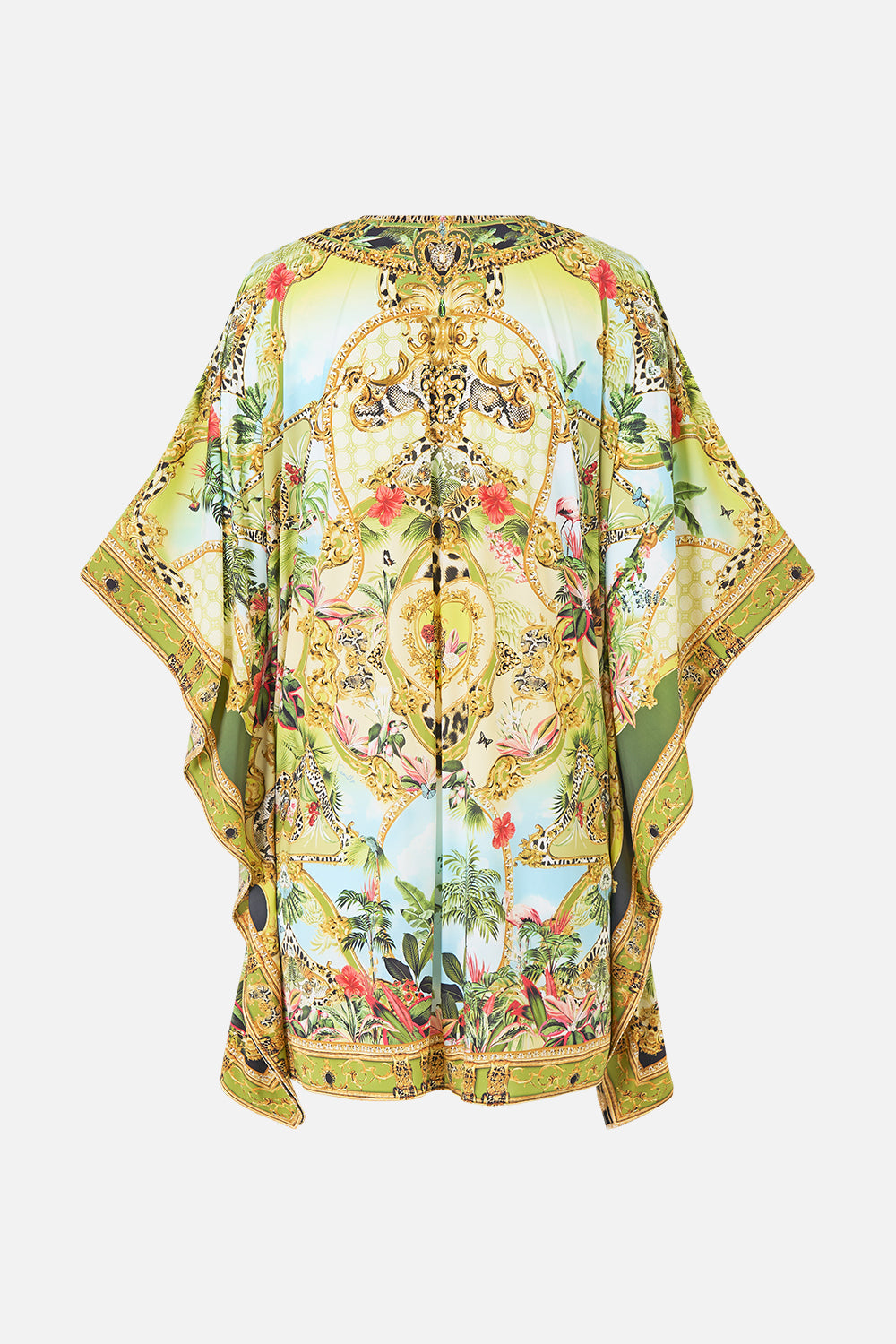 The CAMILLA Short V Neck Kaftan with Ring Front Trim in our Wanderlust Empire print, back view.