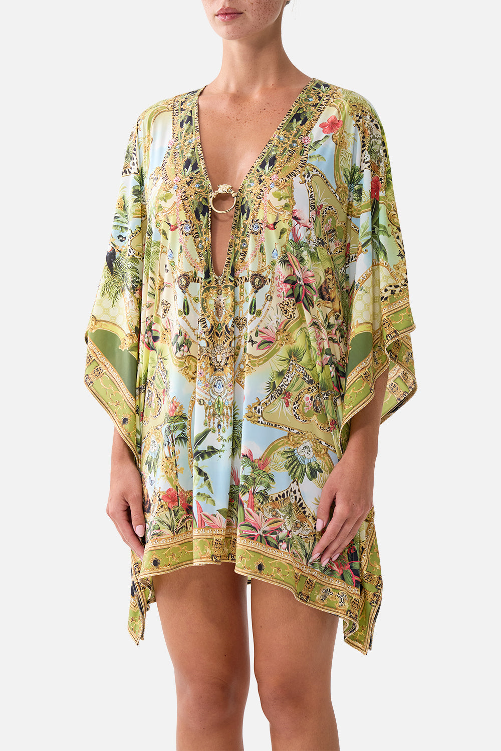 The CAMILLA Short V Neck Kaftan with Ring Front Trim in our Wanderlust Empire print, detail view on model.