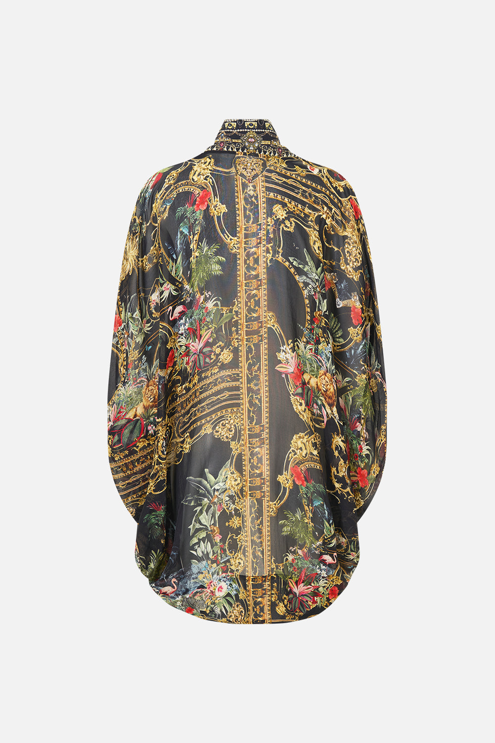 The CAMILLA Open Front Cardi Cape in our Palace Zoology print, back view.