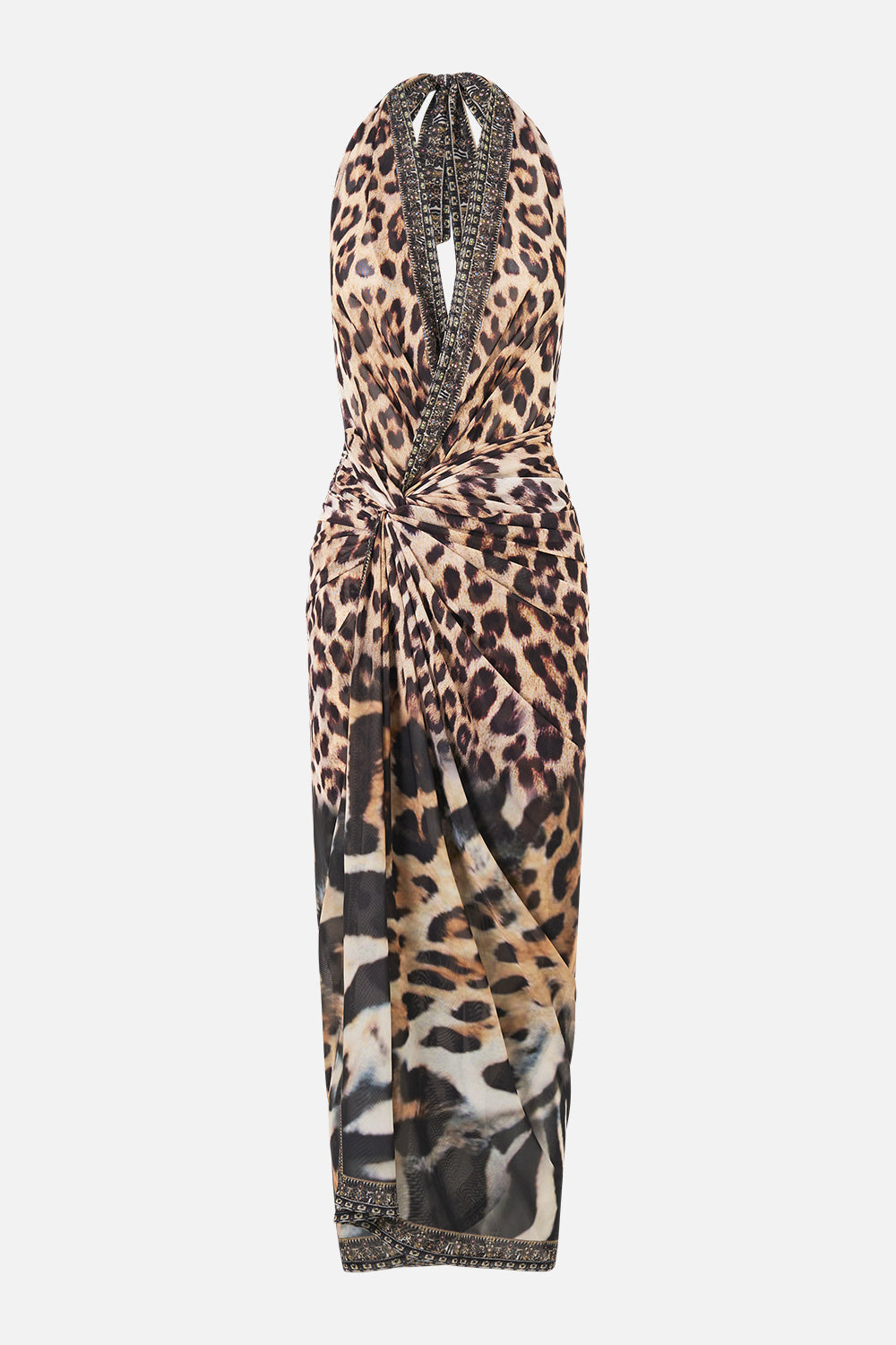 The CAMILLA Mesh Halterneck Ruched Midi Dress in our Leotigra Land print, front view.