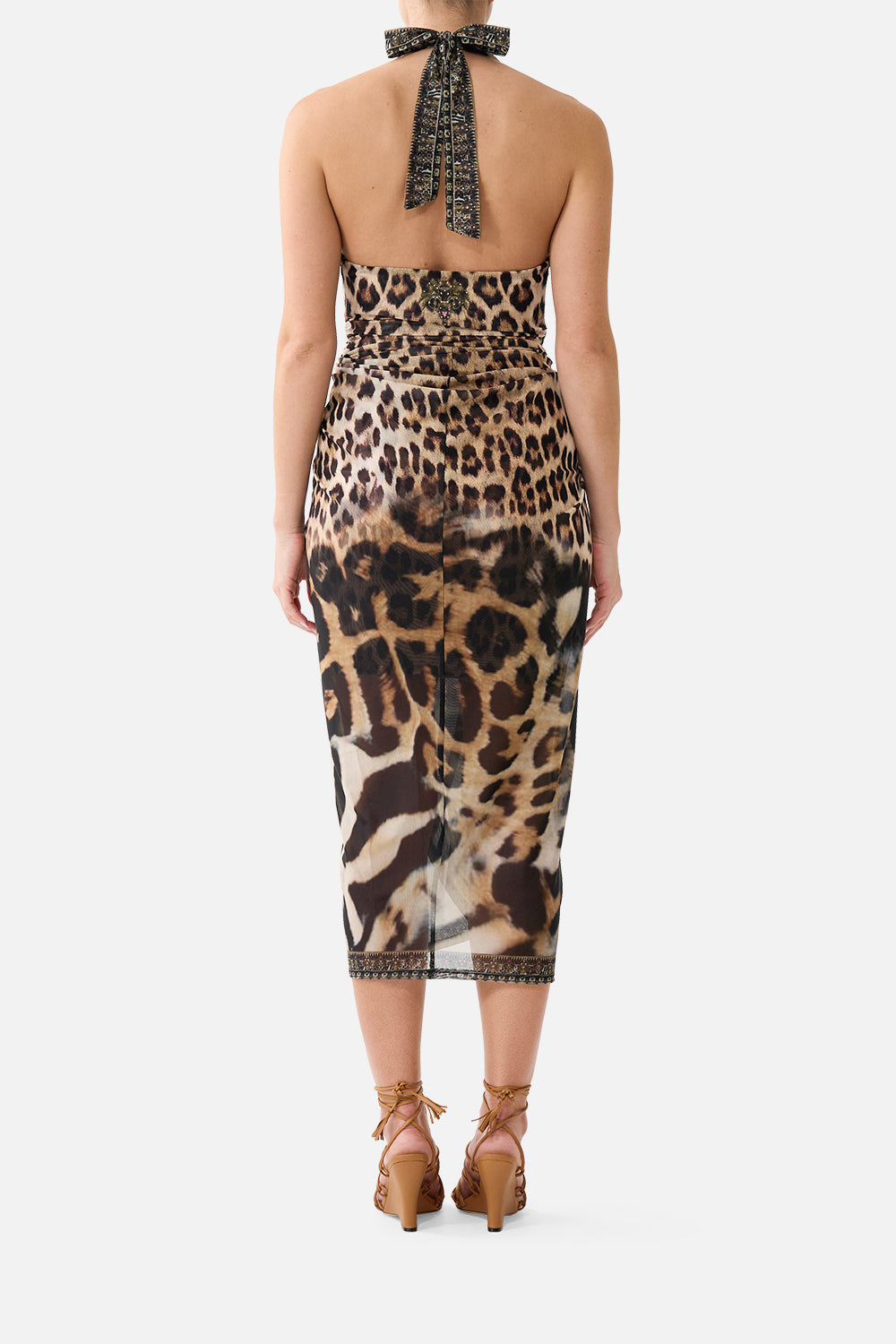 The CAMILLA Mesh Halterneck Ruched Midi Dress in our Leotigra Land print, back view on model.