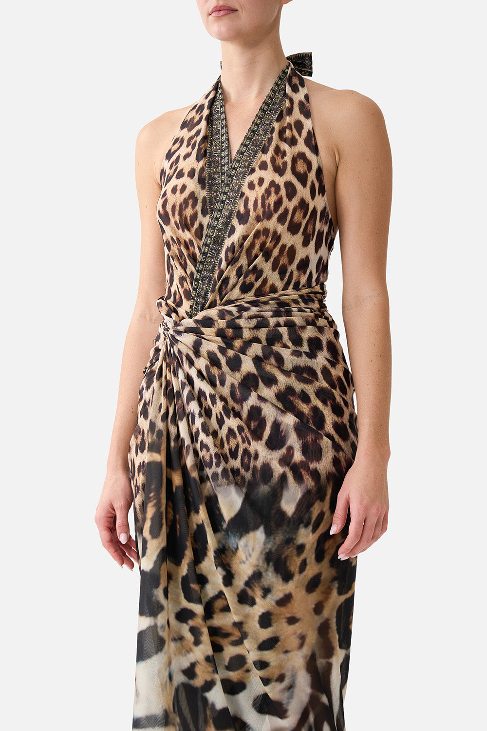 The CAMILLA Mesh Halterneck Ruched Midi Dress in our Leotigra Land print, detail view on model.