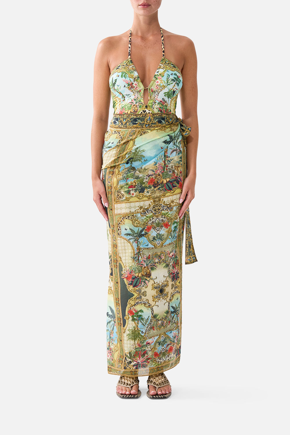 The CAMILLA Wrap Sarong in our Wanderlust Empire print, front view on model.