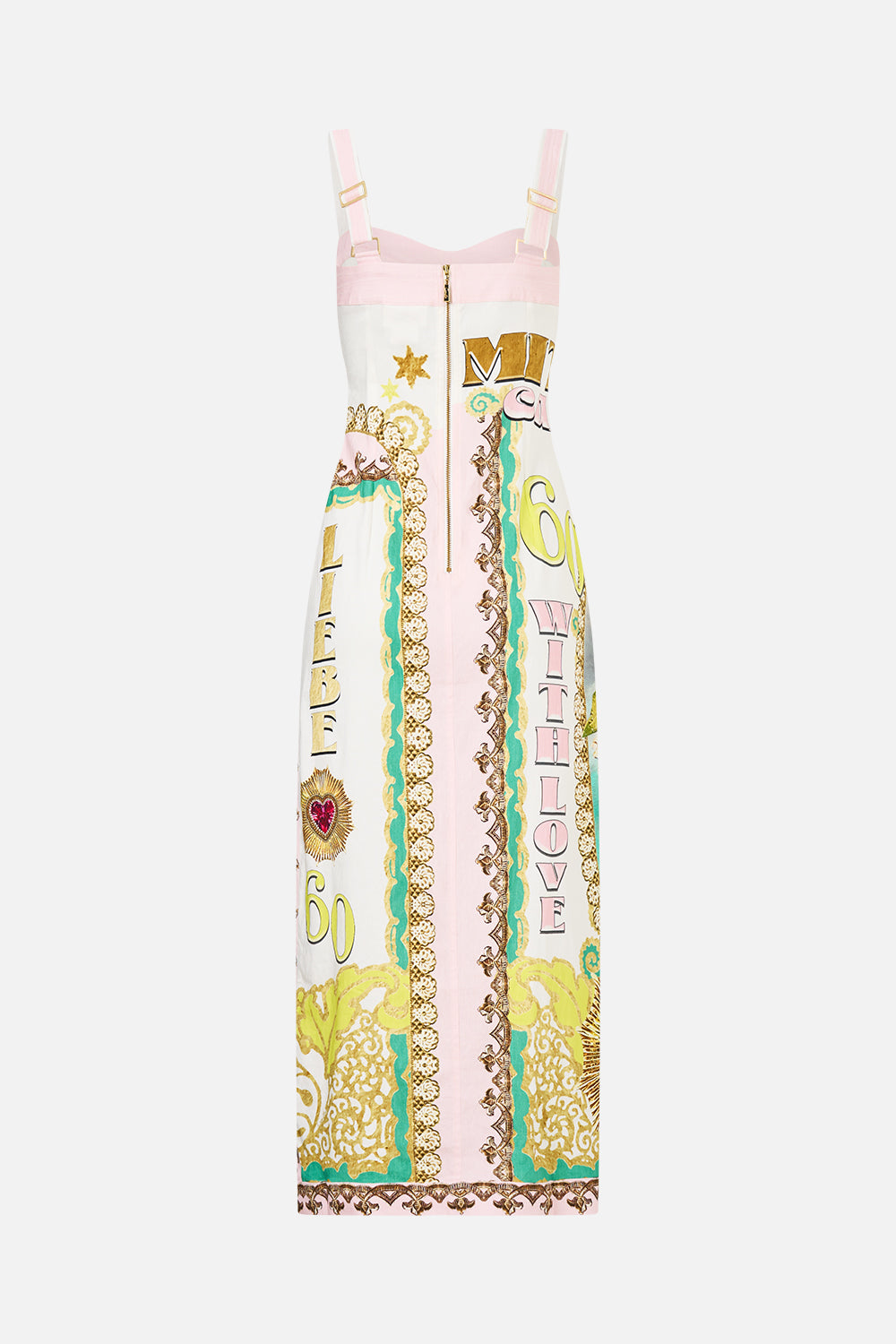 The CAMILLA FORM FITTED MIDI DRESS WITH TOPSTITCHING PAINTED PRAYERS