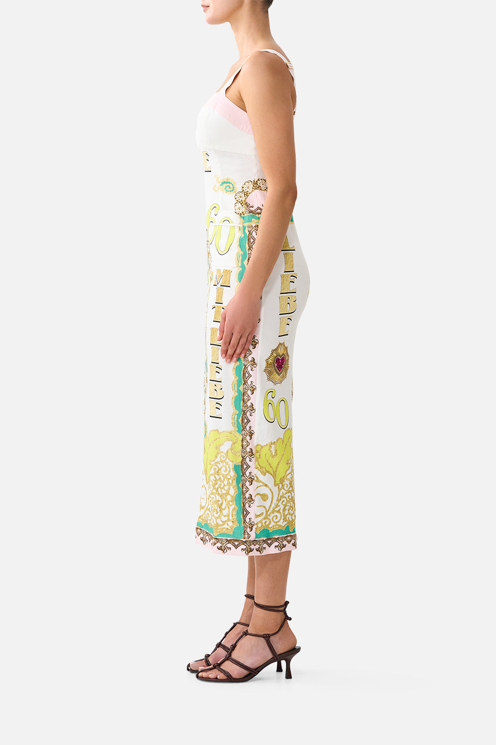 The CAMILLA FORM FITTED MIDI DRESS WITH TOPSTITCHING PAINTED PRAYERS