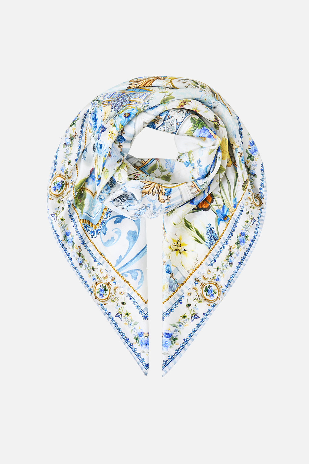 The CAMILLA LARGE CRYSTALLED SILK SQUARE SCARF DANDELION SKIESDANDELION SKIES