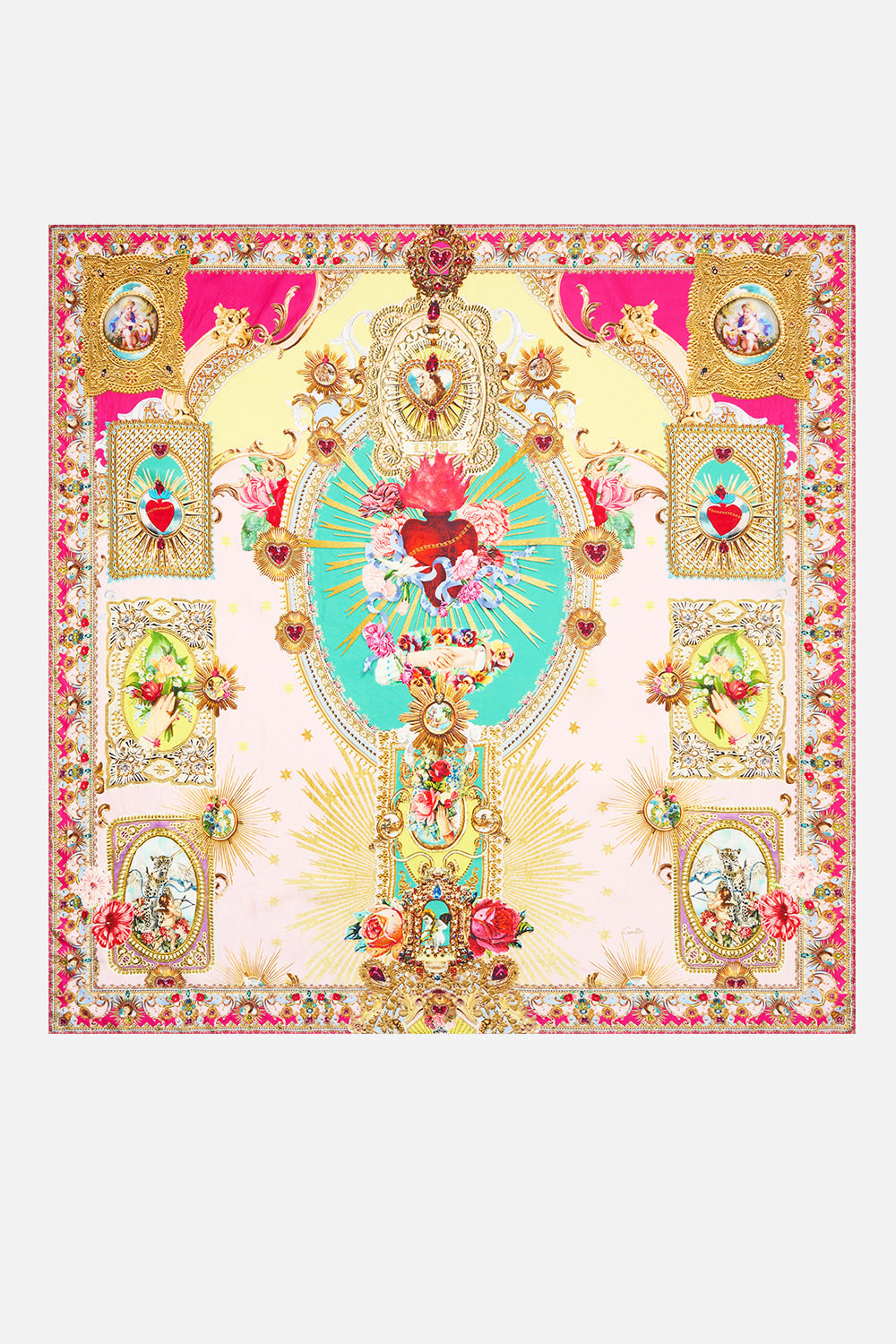 The CAMILLA LARGE CRYSTALLED SILK SQUARE SCARF PAINTED PRAYERS