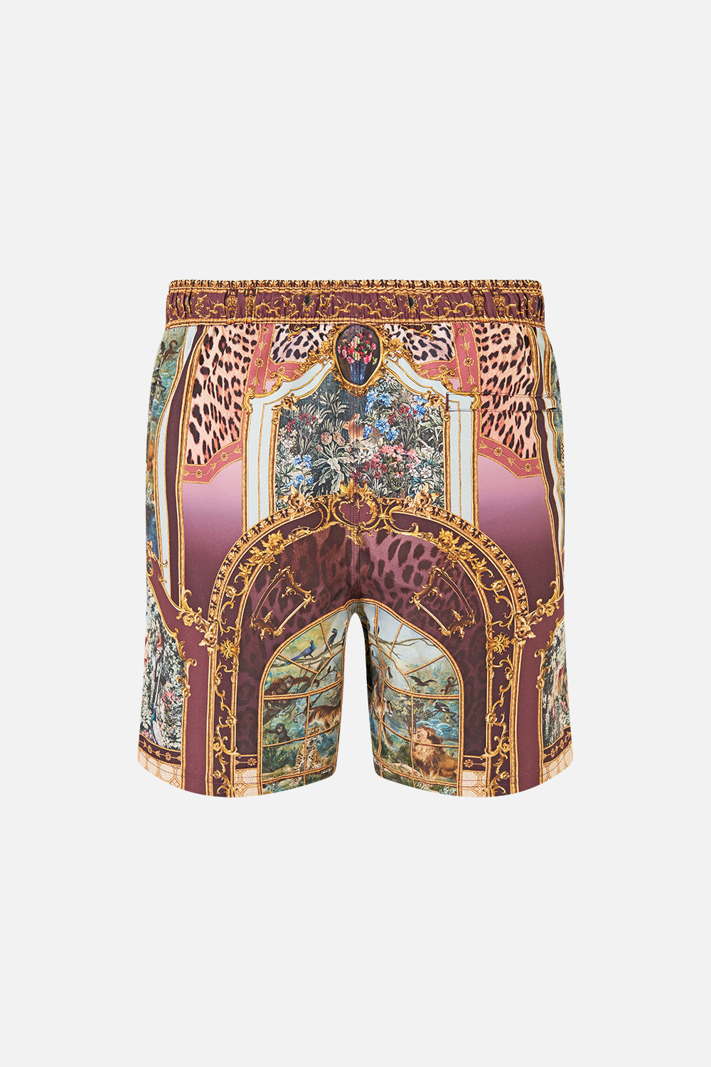 The CAMILLA Mid Length Boardshort with Elastic Waist Animals in the Palace in our Animals in the Palace print.