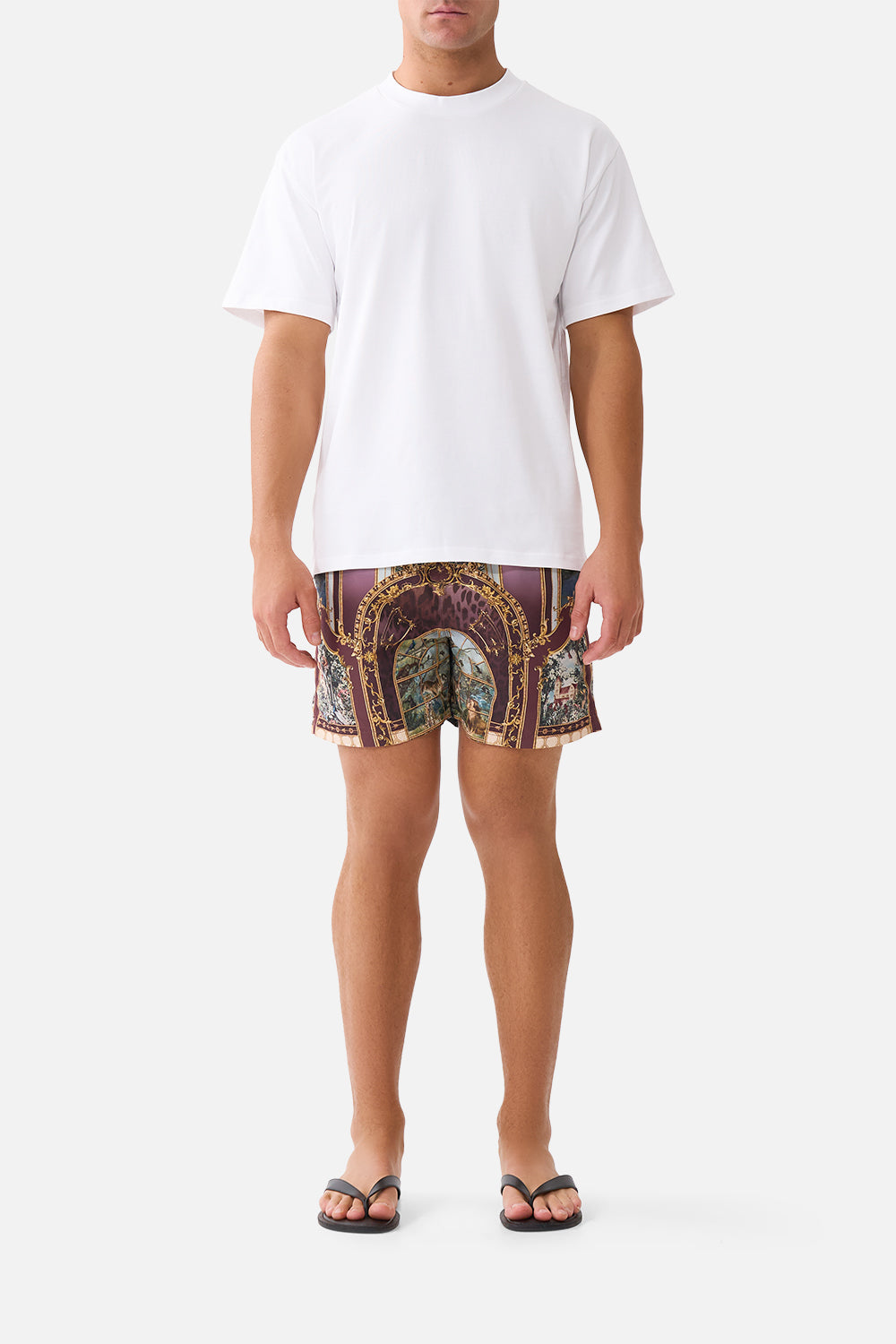 The CAMILLA Mid Length Boardshort with Elastic Waist Animals in the Palace in our Animals in the Palace print.