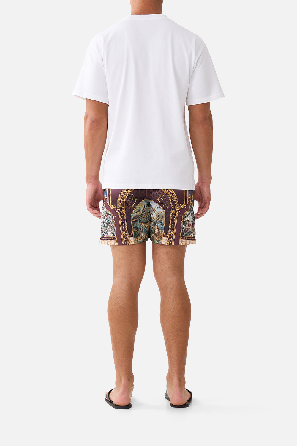 The CAMILLA Mid Length Boardshort with Elastic Waist Animals in the Palace in our Animals in the Palace print.