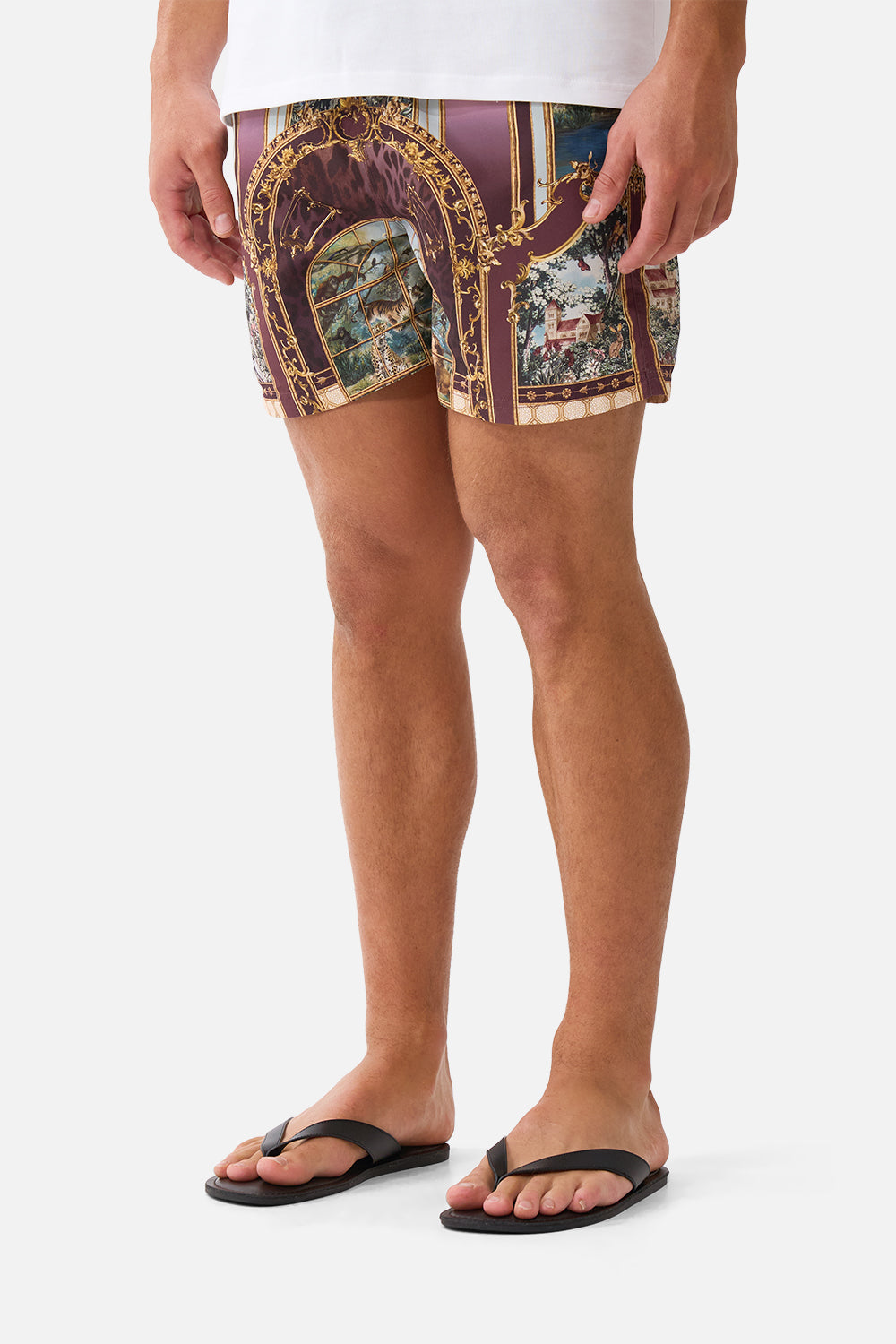 The CAMILLA Mid Length Boardshort with Elastic Waist Animals in the Palace in our Animals in the Palace print.