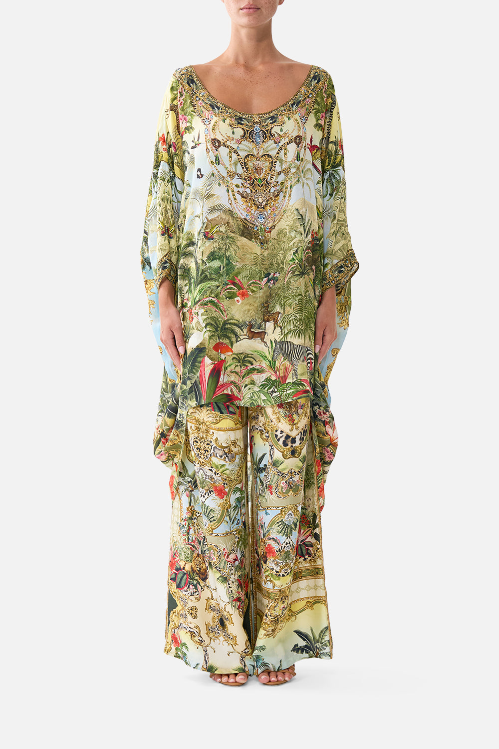 The CAMILLA Scoop Back Hem Dress in our Wanderlust Empire print, front view on model.