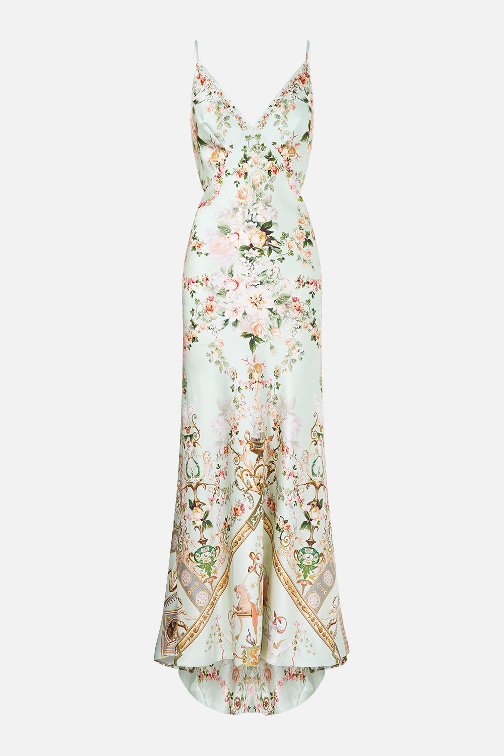 The CAMILLA V NECK BIAS SLIP DRESS WITH BACK FRILL WILDFLOWER WUNDERLAND