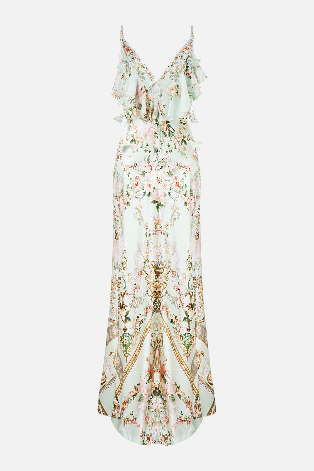 The CAMILLA V NECK BIAS SLIP DRESS WITH BACK FRILL WILDFLOWER WUNDERLAND
