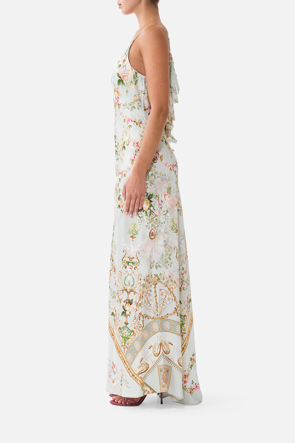 The CAMILLA V NECK BIAS SLIP DRESS WITH BACK FRILL WILDFLOWER WUNDERLAND