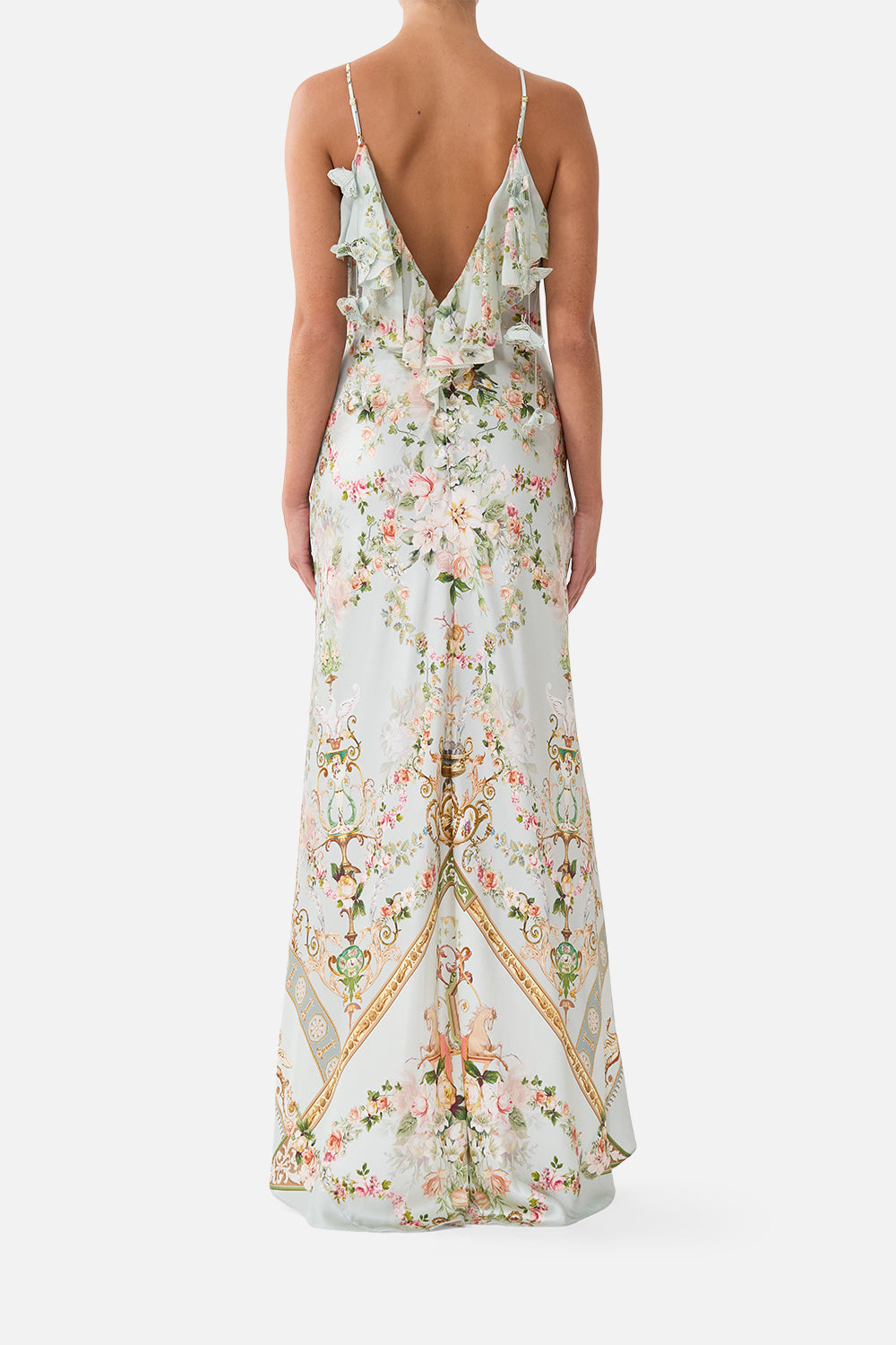 The CAMILLA V NECK BIAS SLIP DRESS WITH BACK FRILL WILDFLOWER WUNDERLAND