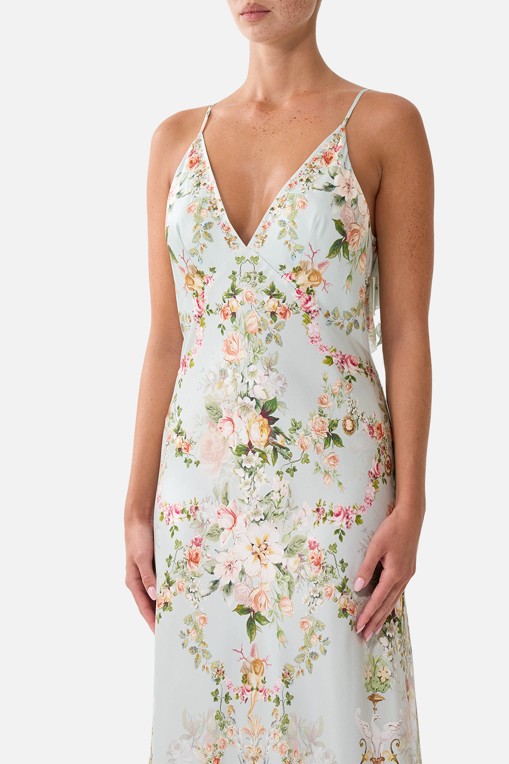 The CAMILLA V NECK BIAS SLIP DRESS WITH BACK FRILL WILDFLOWER WUNDERLAND