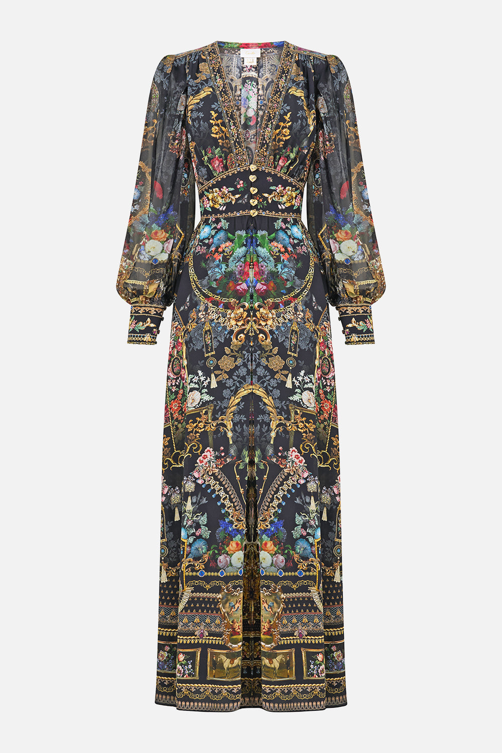 The CAMILLA SHAPED WAISTBAND DRESS WITH GATHERED SLEEVES NIGHT GARDEN
