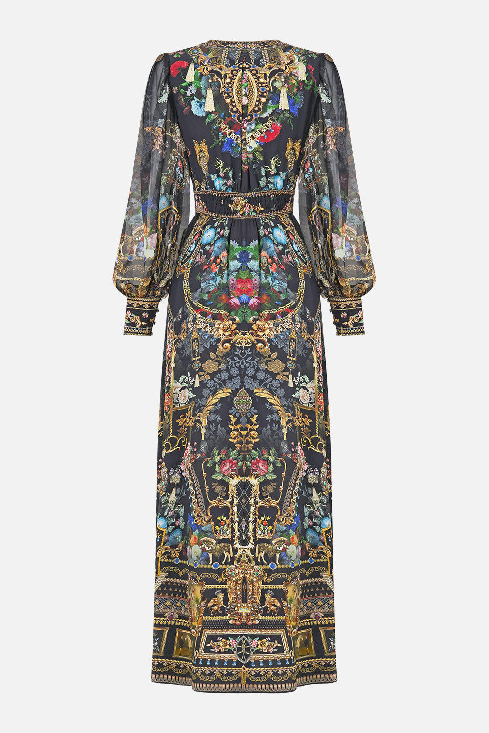 The CAMILLA SHAPED WAISTBAND DRESS WITH GATHERED SLEEVES NIGHT GARDEN
