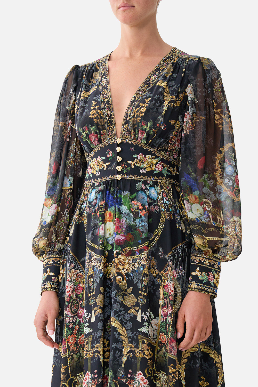 The CAMILLA SHAPED WAISTBAND DRESS WITH GATHERED SLEEVES NIGHT GARDEN