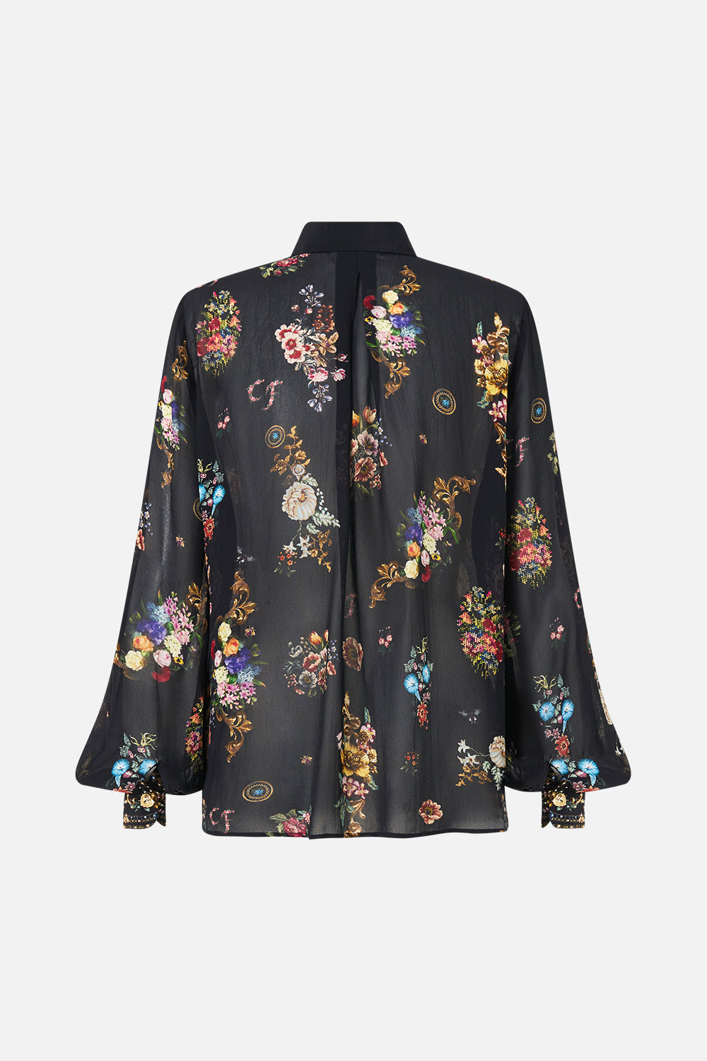 The CAMILLA COLLARED SHIRT WITH FRILL NECK DETAIL NIGHT GARDEN