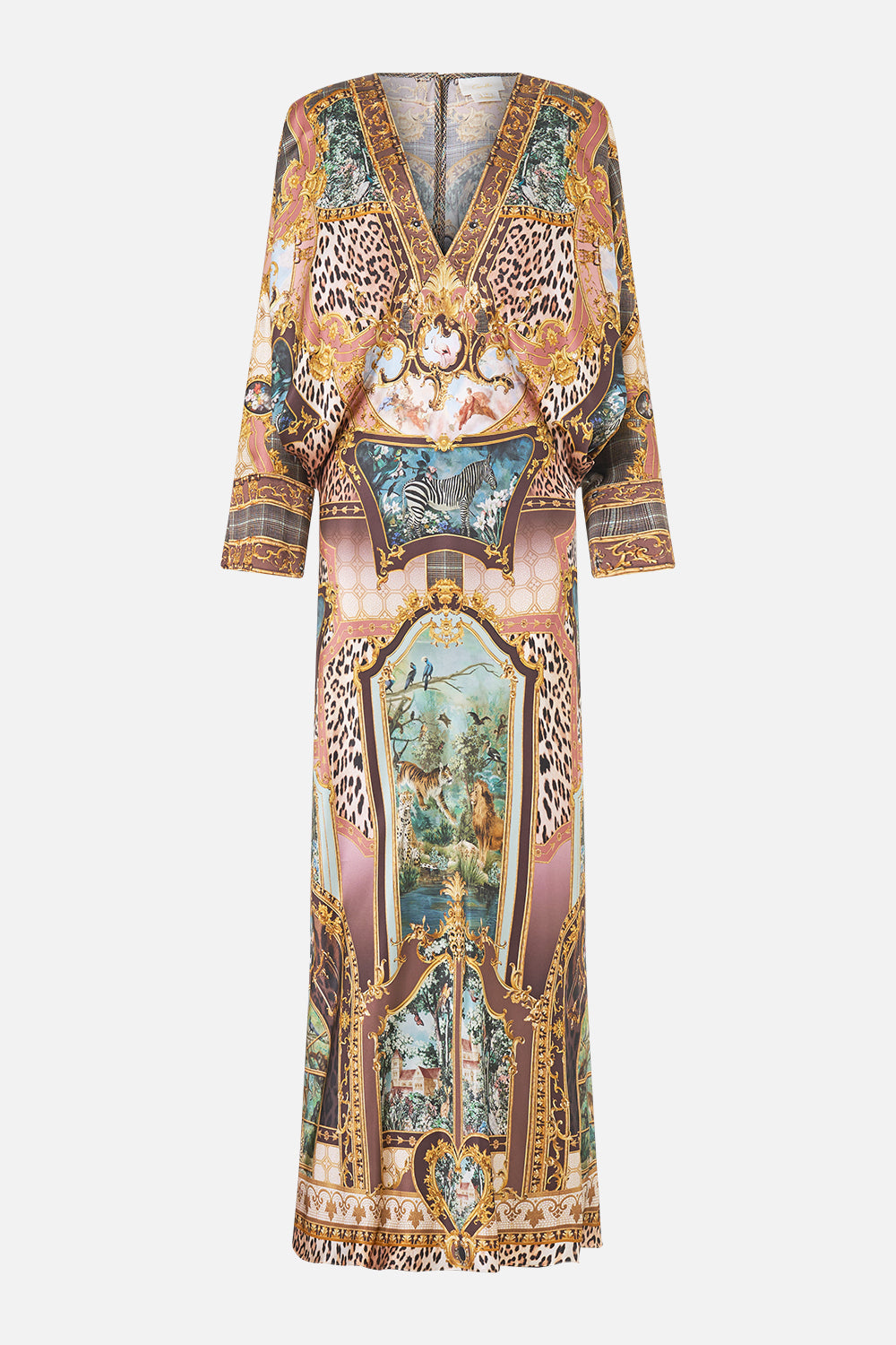 The CAMILLA Plunge Neck Draped Shoulder Dress Animals in the Palace in our Animals in the Palace print.