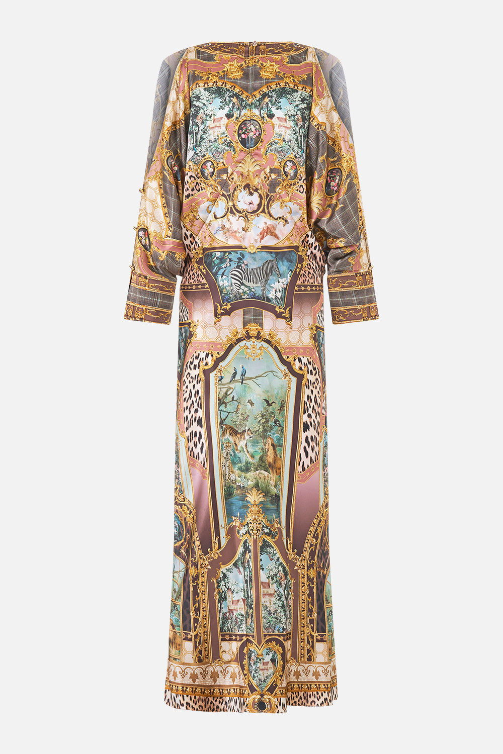 The CAMILLA Plunge Neck Draped Shoulder Dress Animals in the Palace in our Animals in the Palace print.