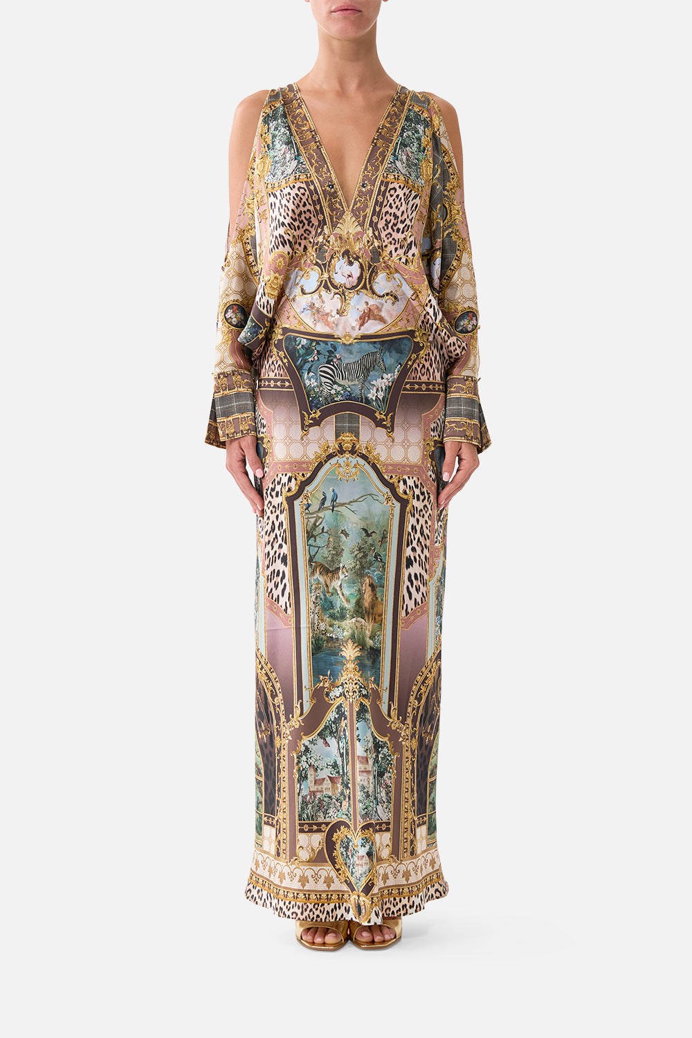 The CAMILLA Plunge Neck Draped Shoulder Dress Animals in the Palace in our Animals in the Palace print.